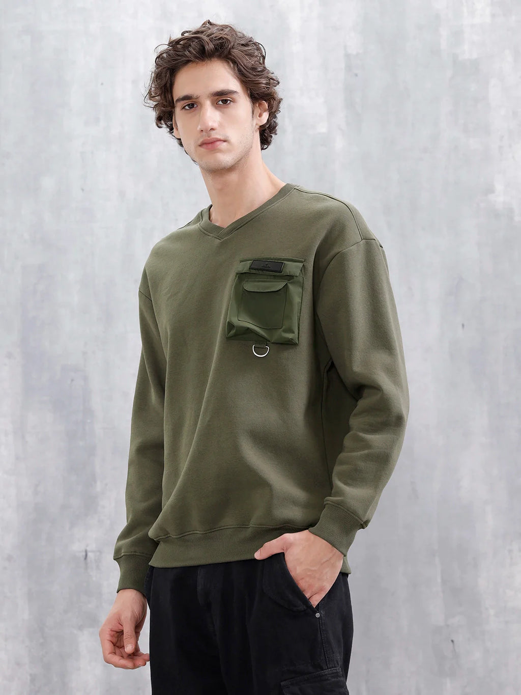 Utility Pocket Detail Casual Sweatshirt | Olive