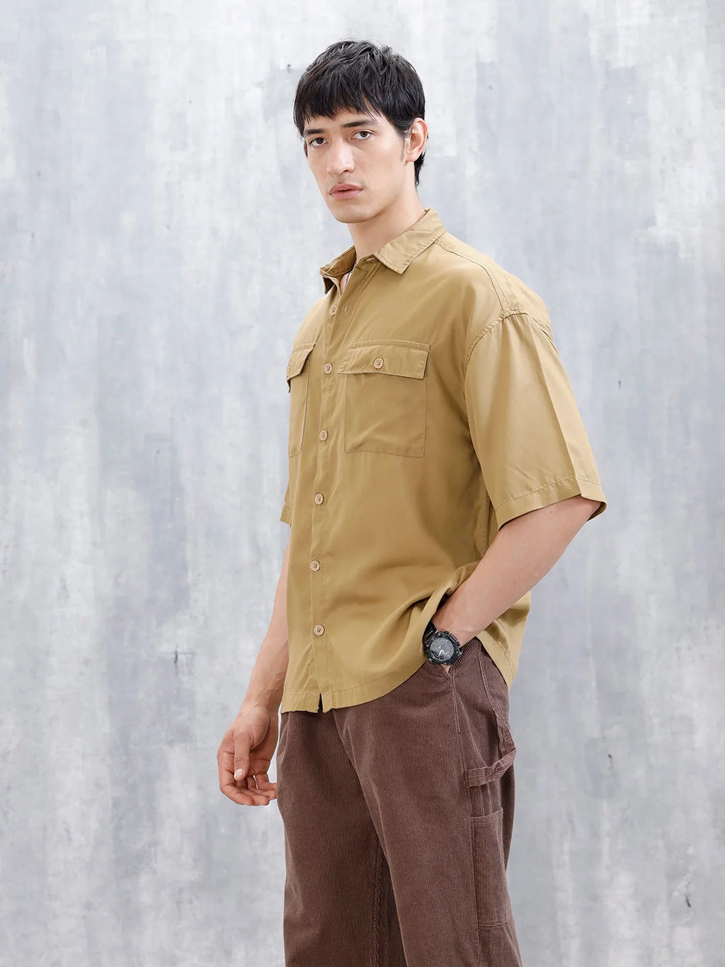 Wrogn Men's Oversized Plus Double Pocket Shirt | Khaki