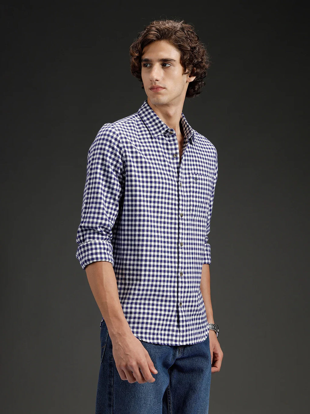 Wrogn Men's Classic Gingham Checked Shirt  | Navy Blue