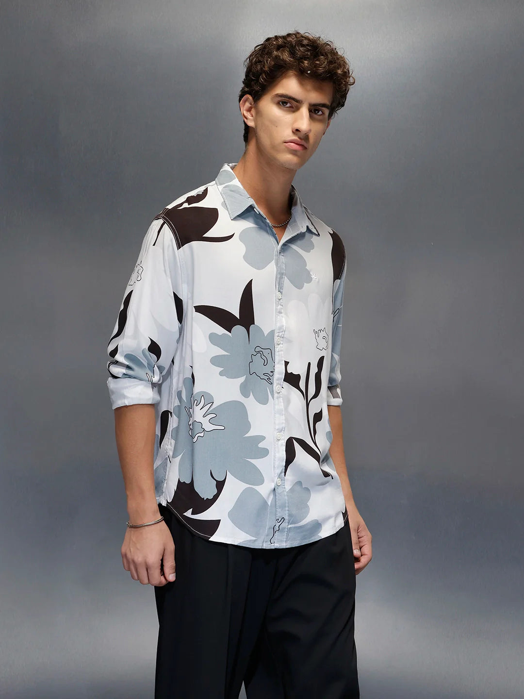 Men's Casual Comfort Fit Floral Printed Shirt  |  Grey