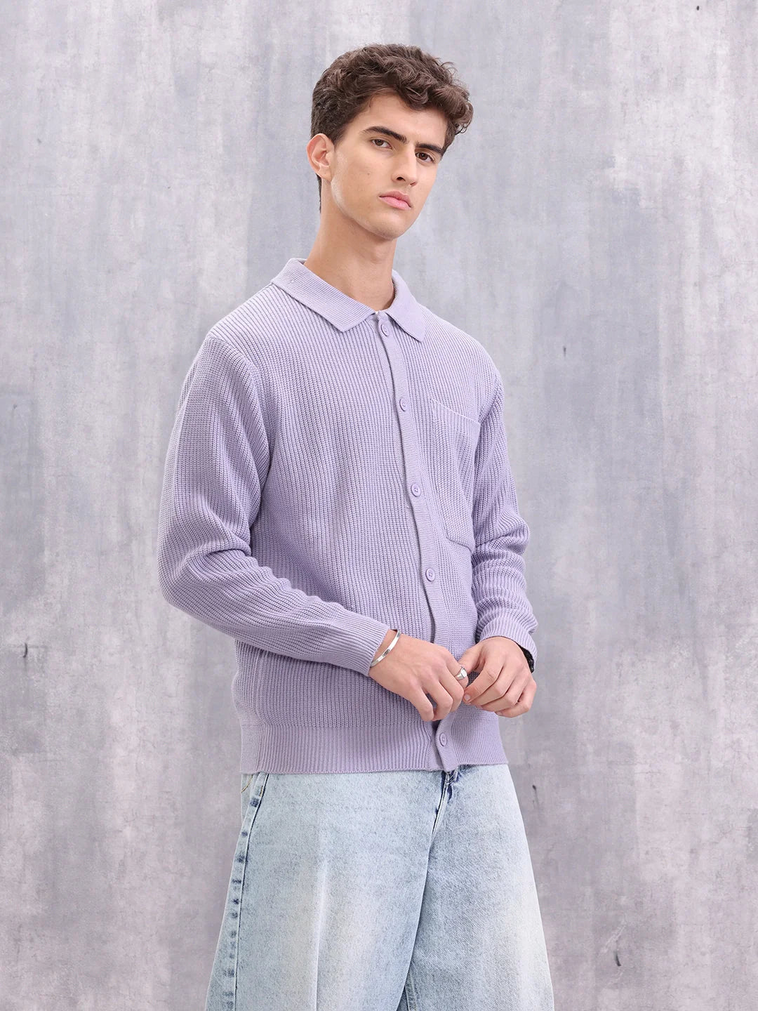 Pastel Layered Casual Knitted Cardigan For Men | Lavender