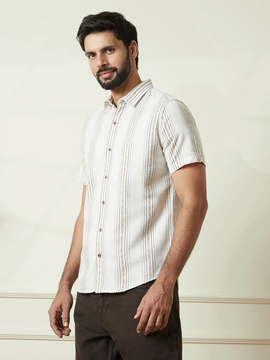 Striped Short Sleeve Textured Shirt  | Off White