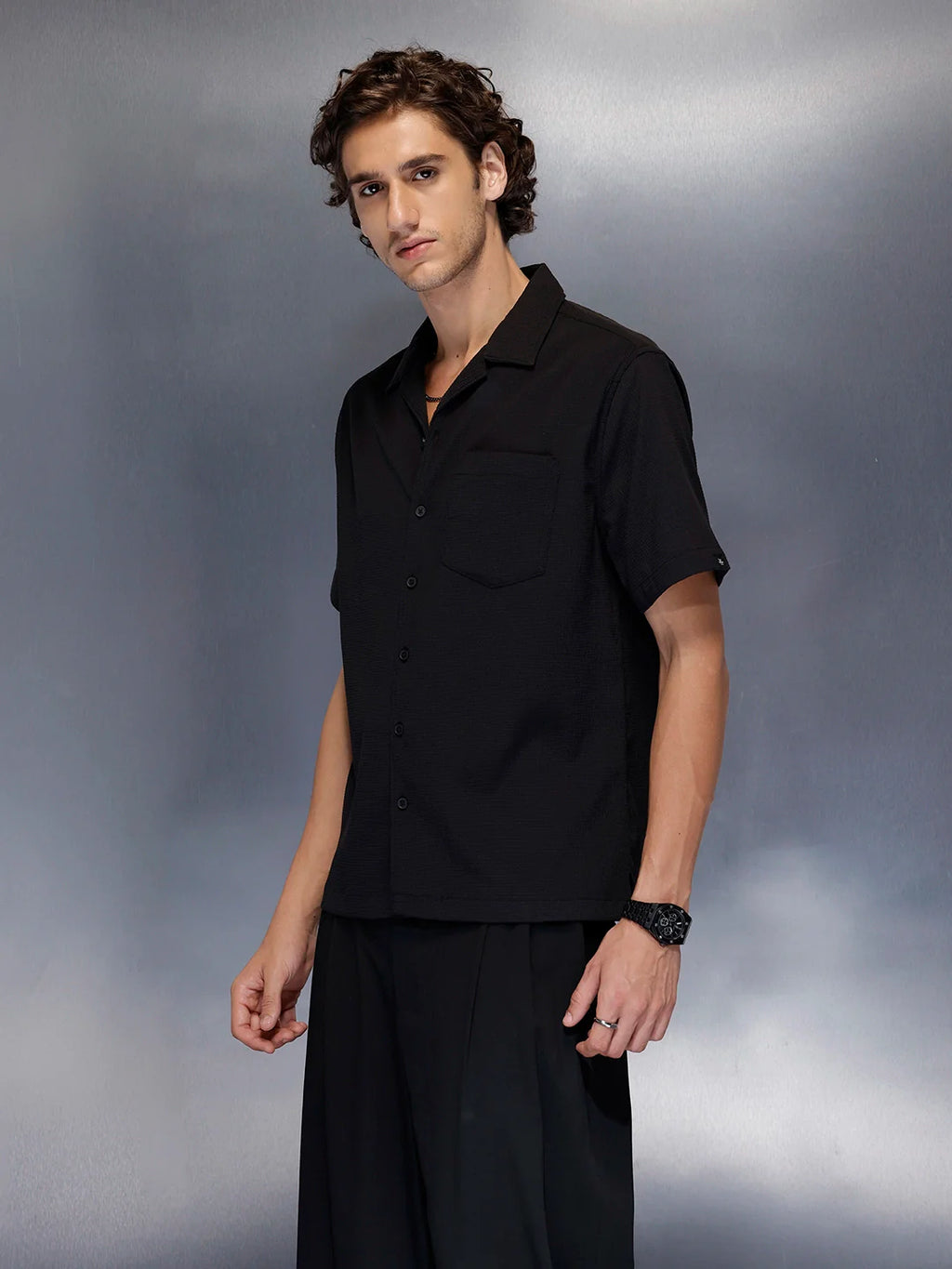 Men’s black casual camp collar shirt | Black