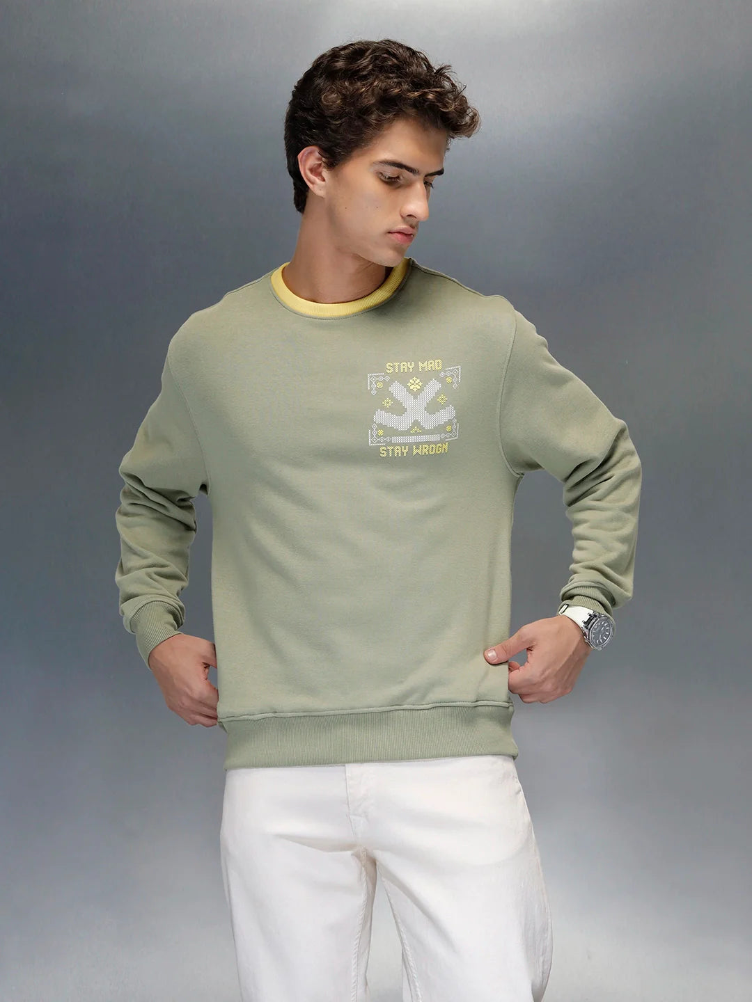 Men's Comfort Fit Wrogn branded Sweatshirt  | Light Green
