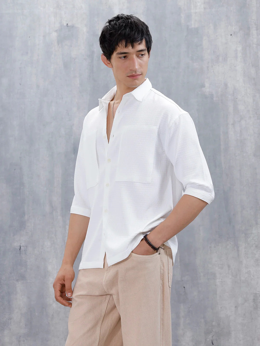 Wrogn Comfort Fit Self Textured Shirt | White