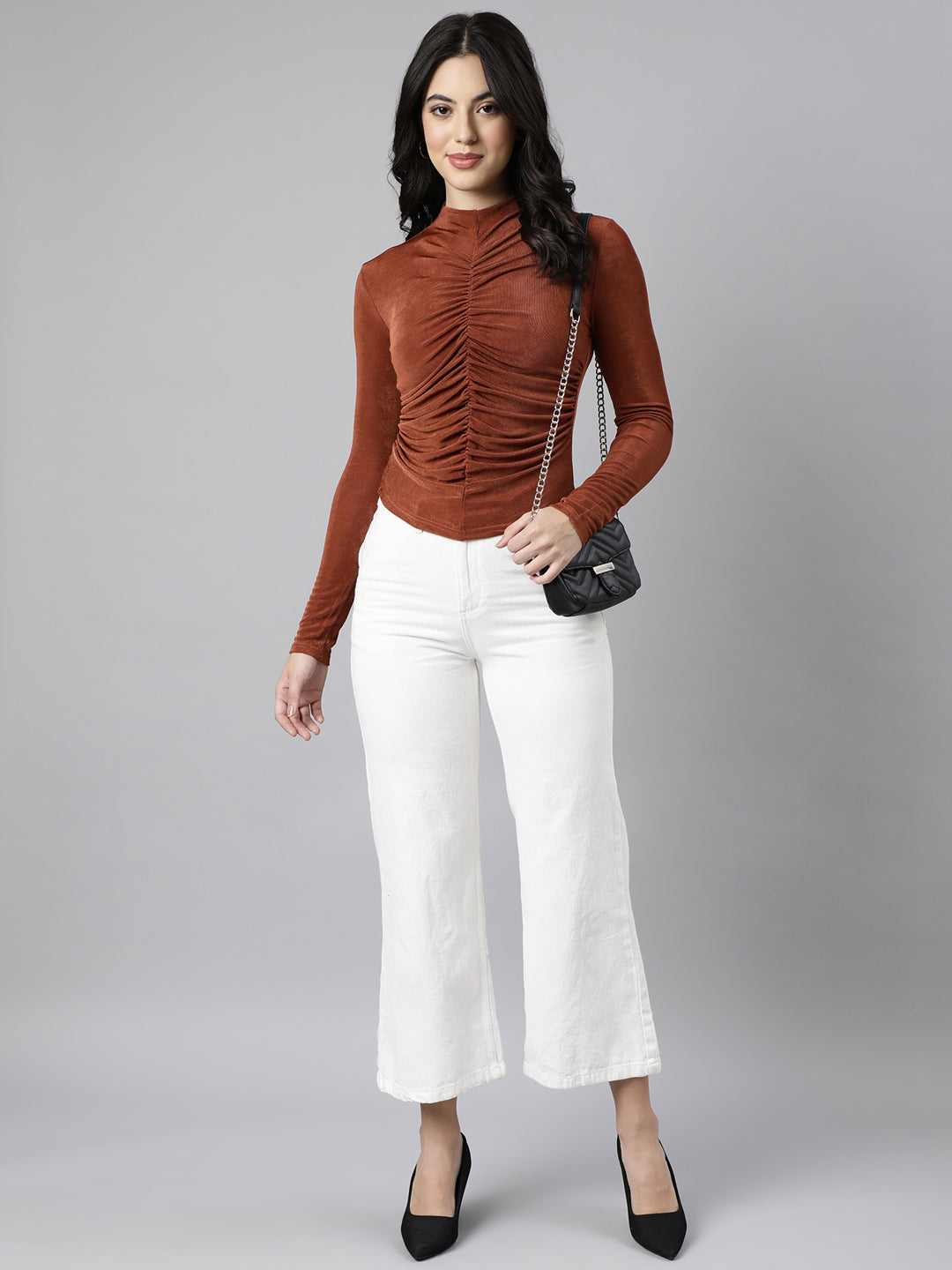 Women's Rust Ruched High Neck Fitted Top