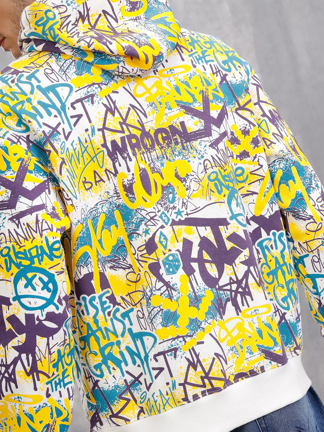 All Over Graffiti Print In Oversized Hoodie Pullover  |  Yellow