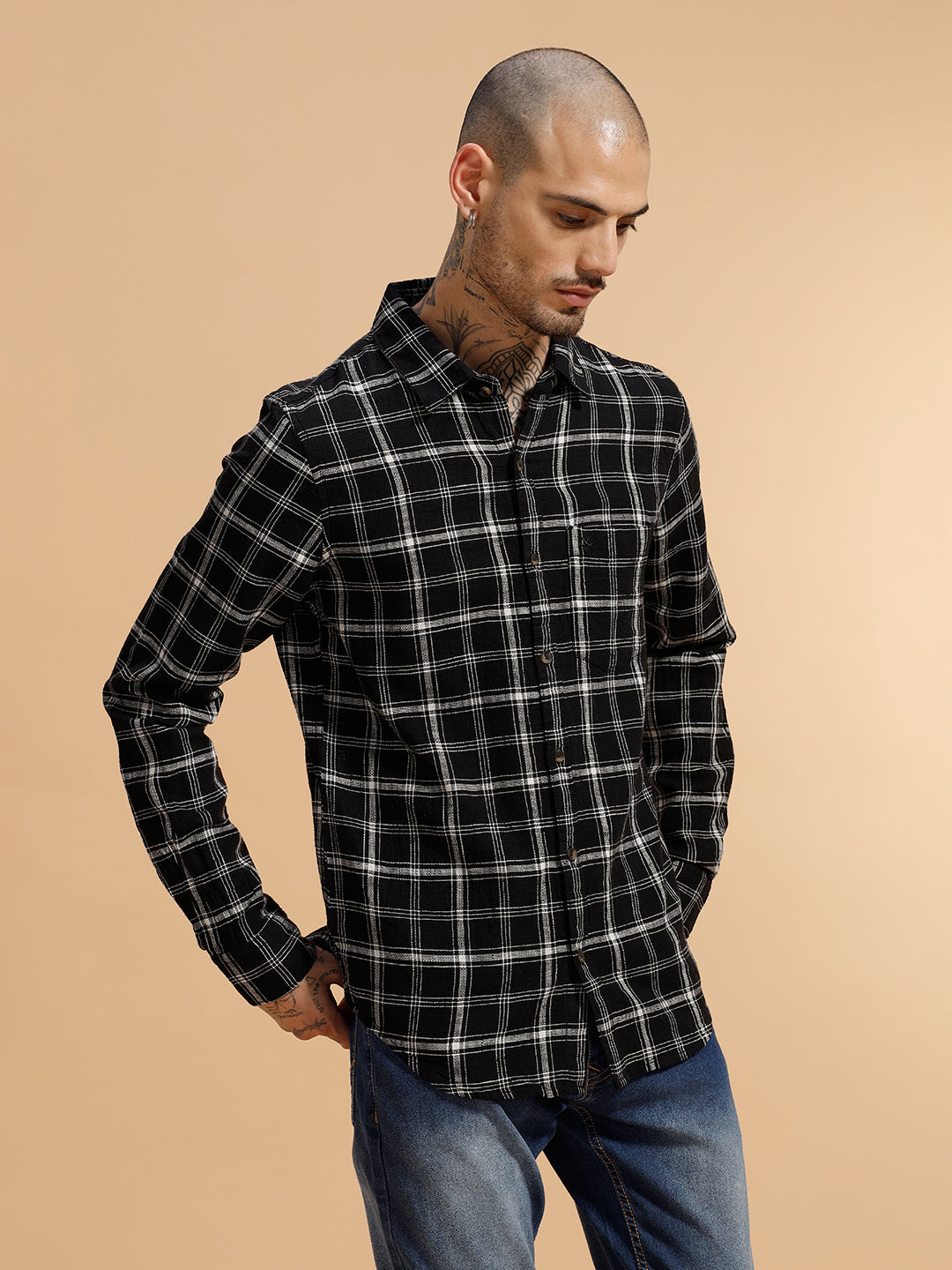 Checked Slub Texture Shirt | Black