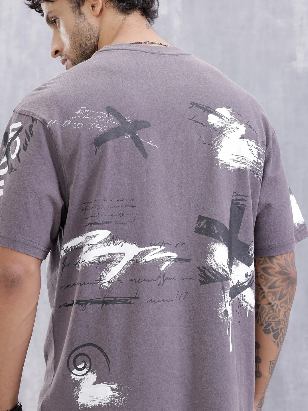 Grafitti Inspired Acid Washed Placement Print Oversized Fit T-Shirt | Grey
