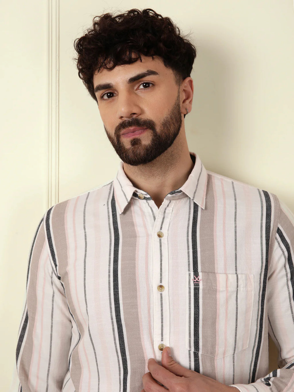 Textured Dobby Striped Shirt | Beige