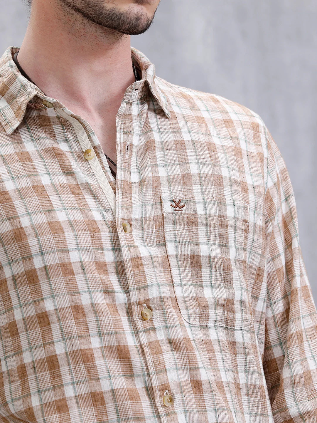Checked Linen Blend Shirt  | Khaki