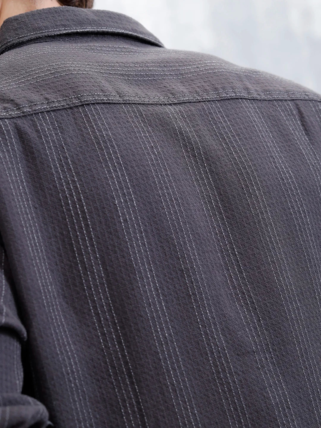 Wrogn Men's Self Stripe Structured Shirt  | Dark Grey