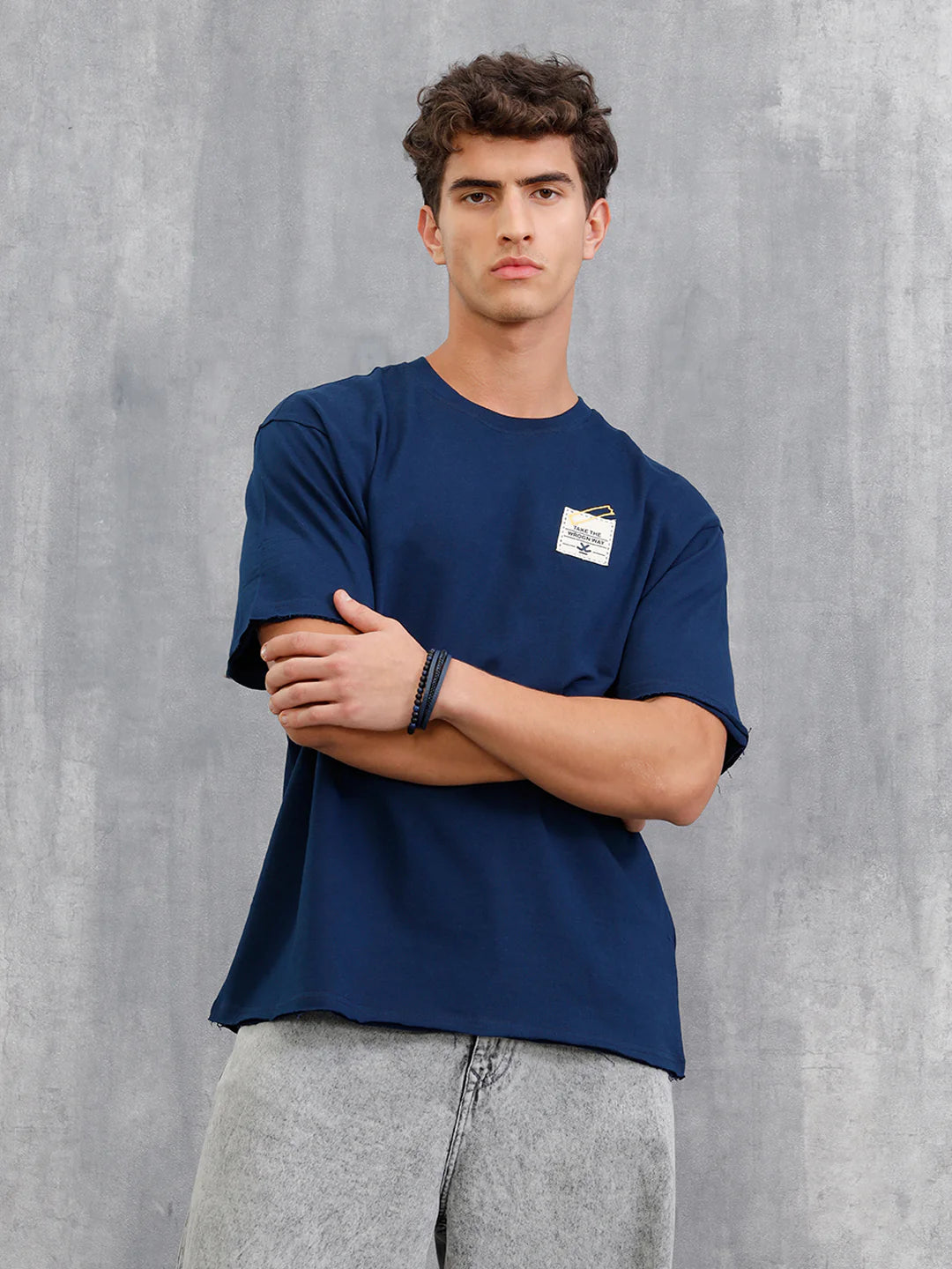 Solid Oversized T-Shirt With Printed Canvas Patch And Raw Edge Detail  | Navy Blue