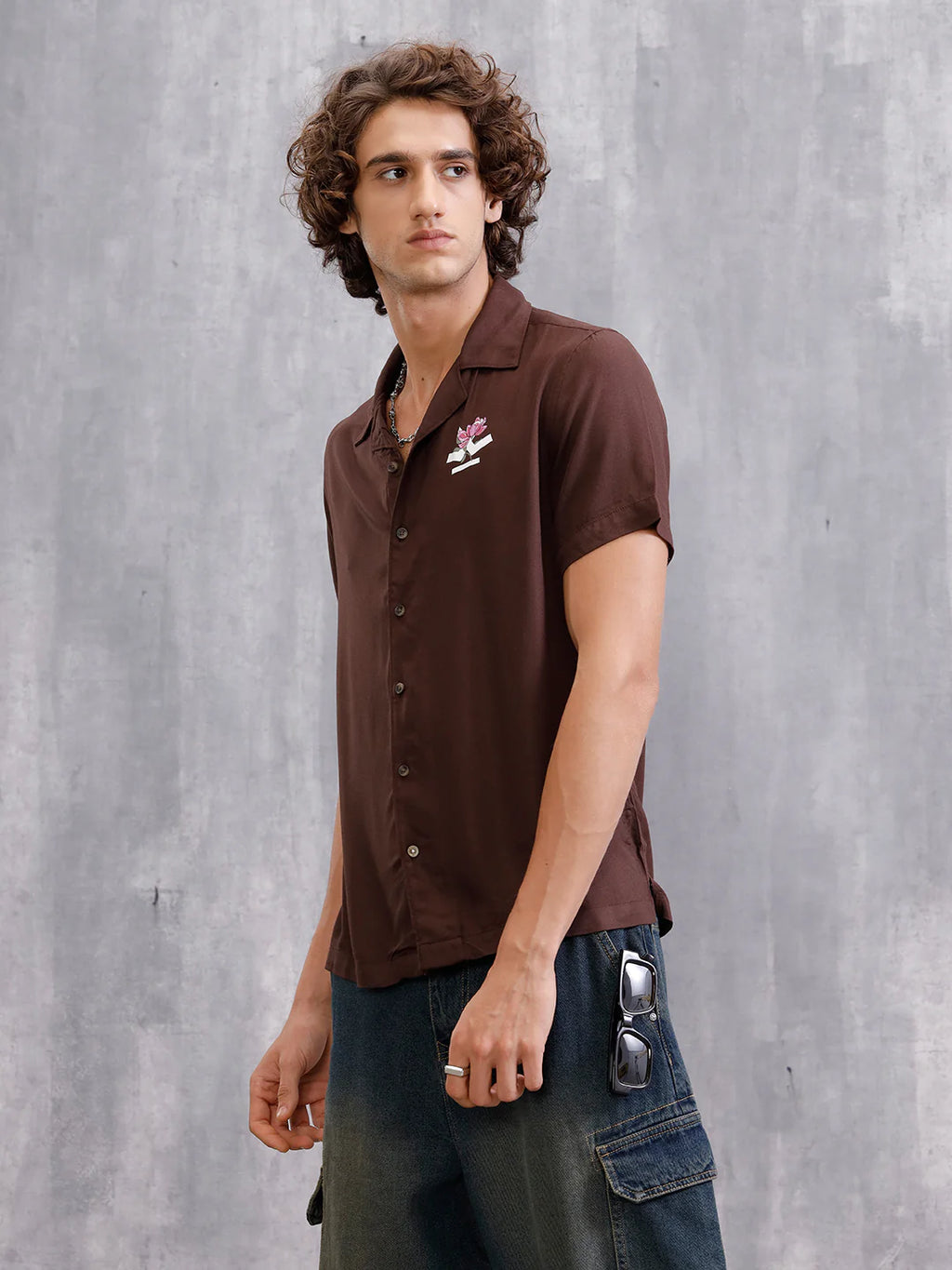 Fluid Resort Collar Shirt With Surreal Back Print | Brown