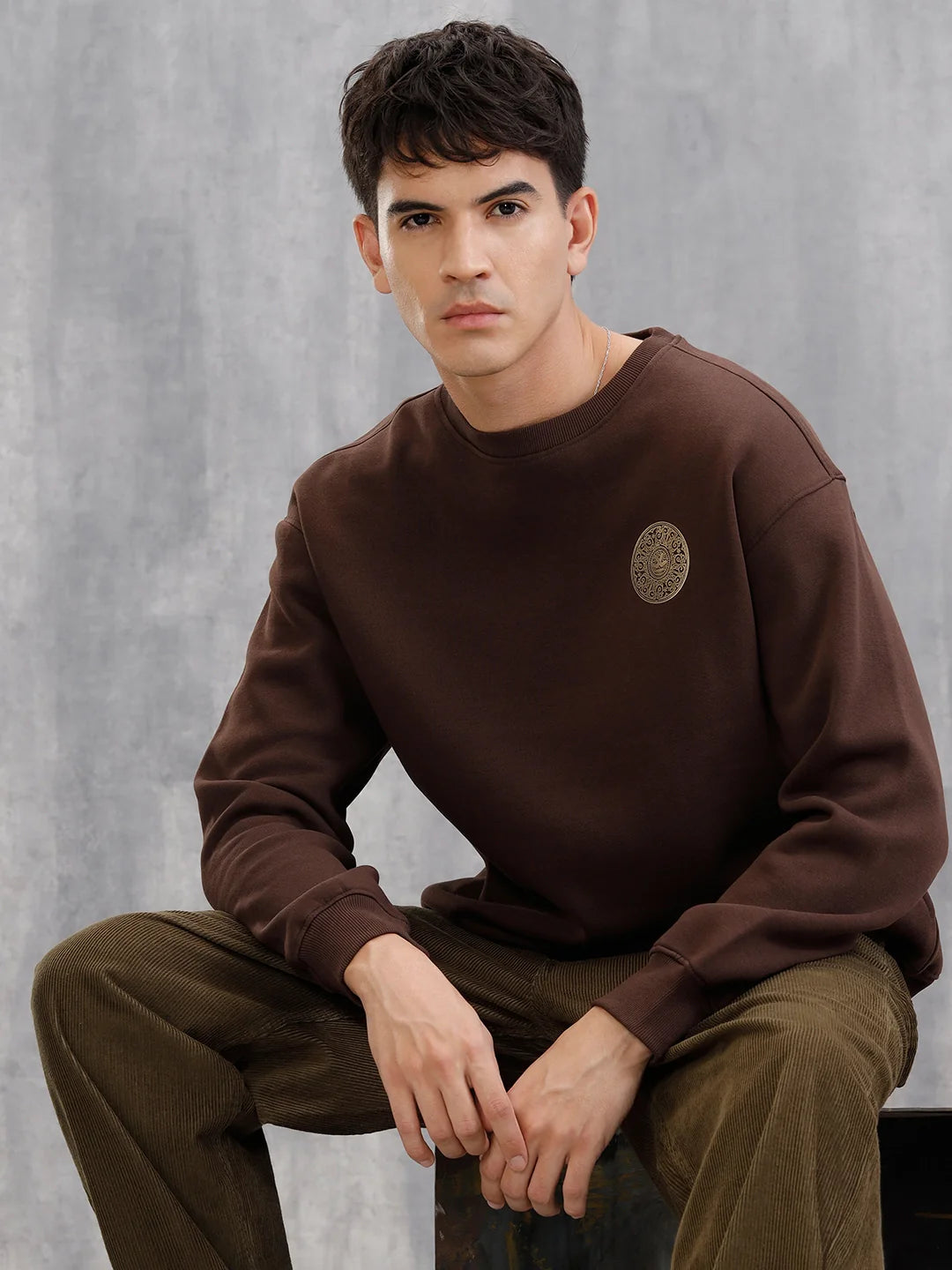 3D Gold Foil Printed Crew Pullover Sweat In Comfort Fit  |  Brown