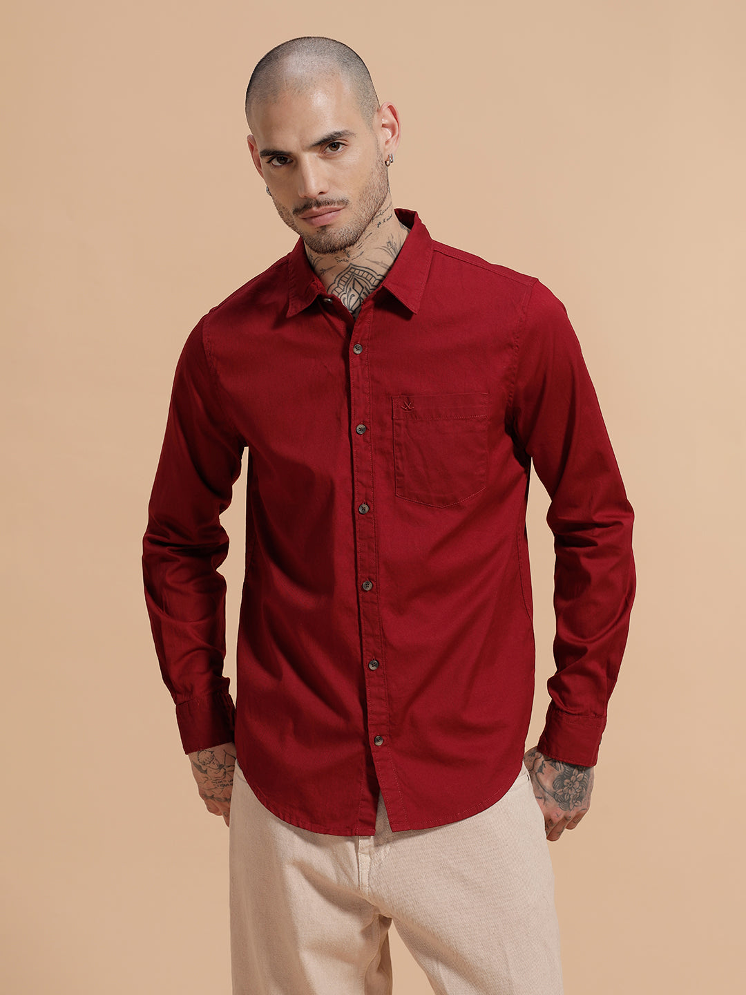 Solid Full Sleeve Cotton Shirt | Red