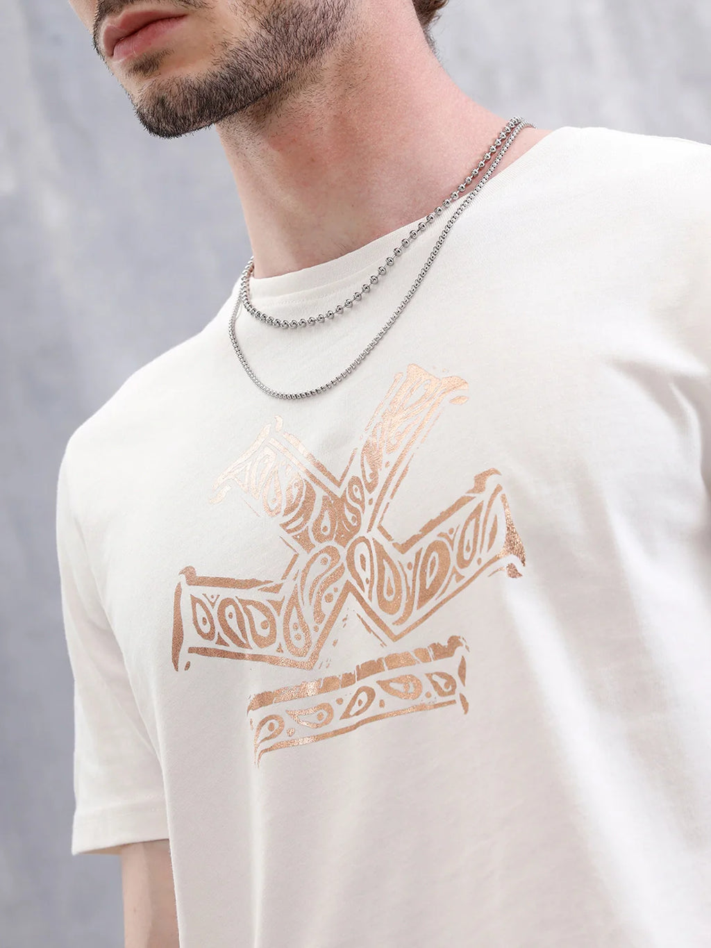 Metallic Foil Printed Slim Fit T-Shirt | White
