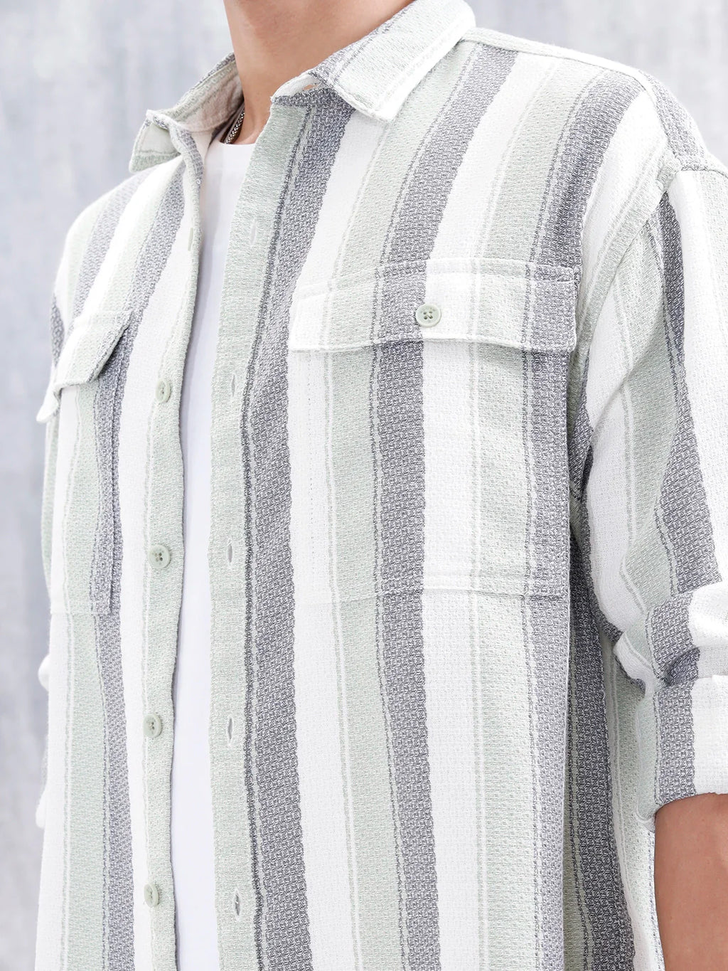 Textured Striped Double Pocket Oevrsized Fit Shirt | Green