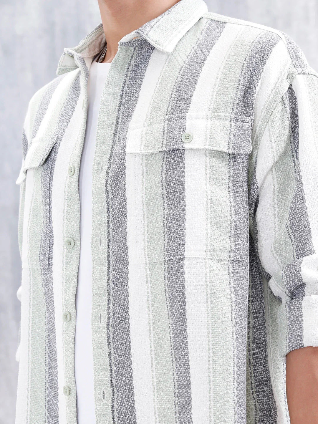 Textured Striped Double Pocket Oevrsized Fit Shirt | Green