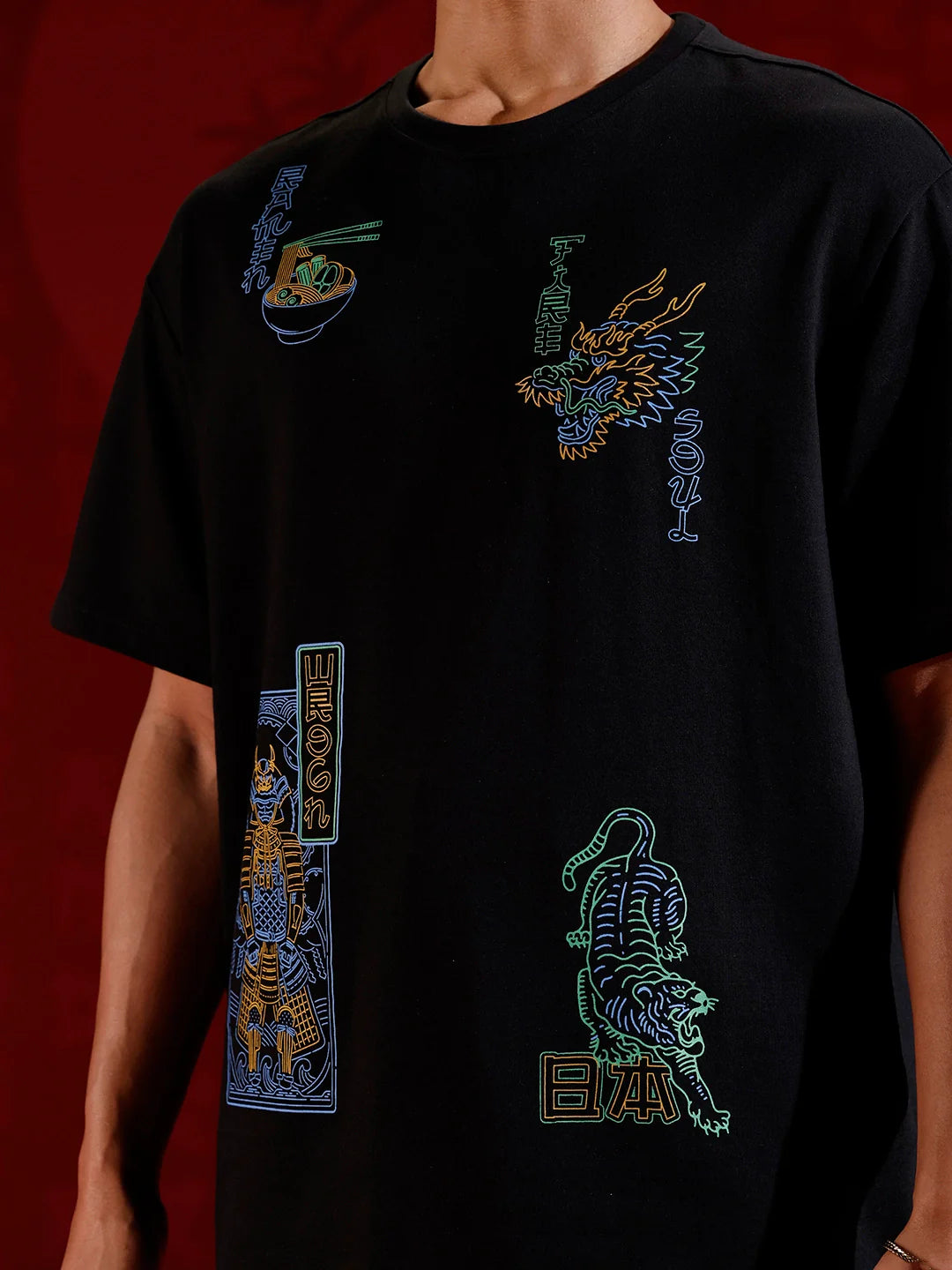 Samurai multi-print oversized T-shirt | Black