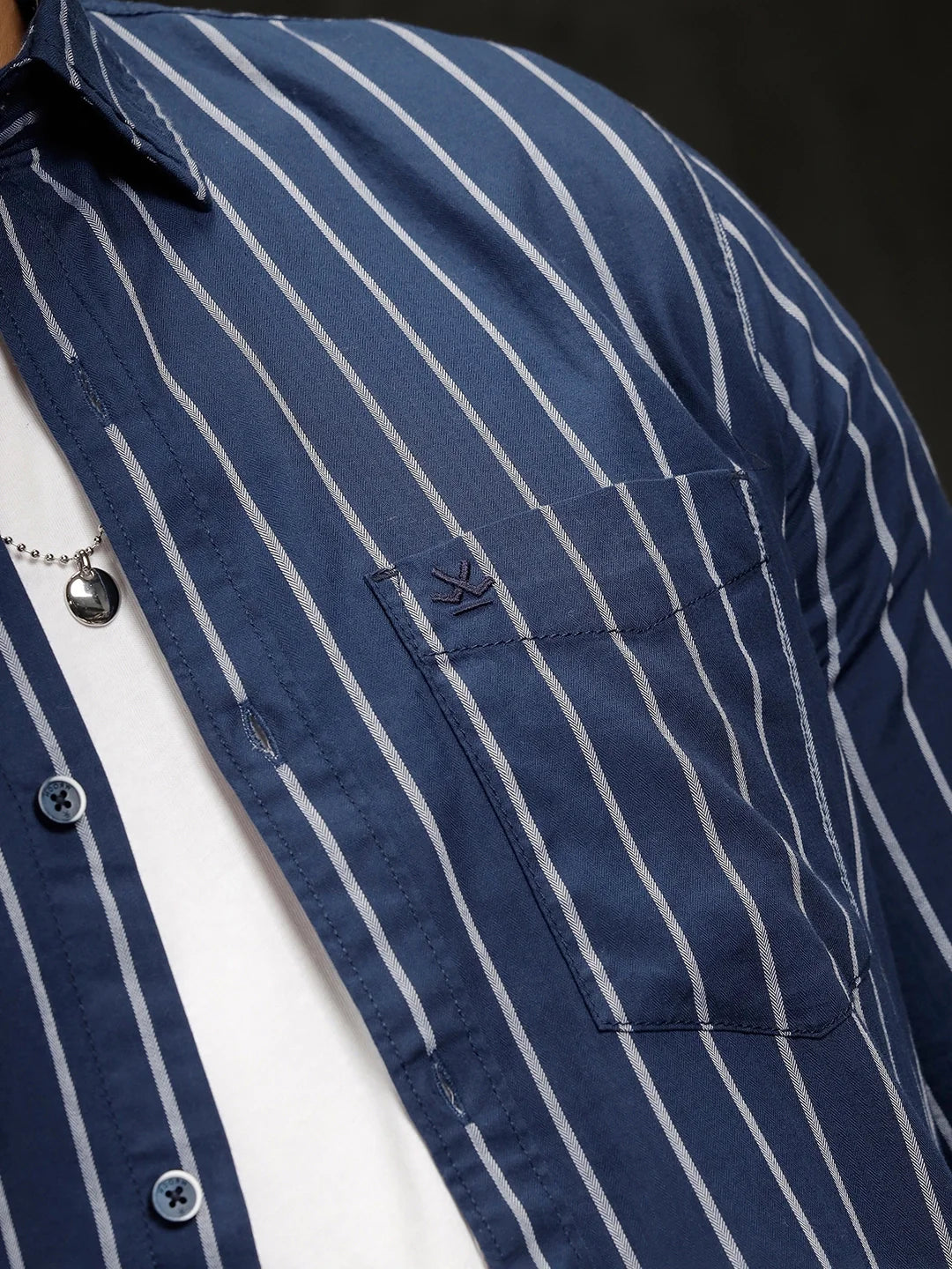 Herringbone Striped Slim Fit Shirt  | Navy Blue