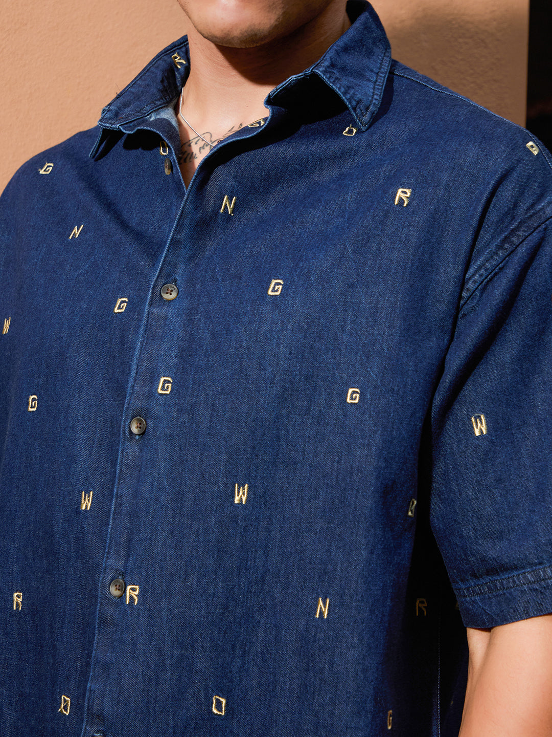 Embroidered Oversized Fit Shirt | Dark Blue