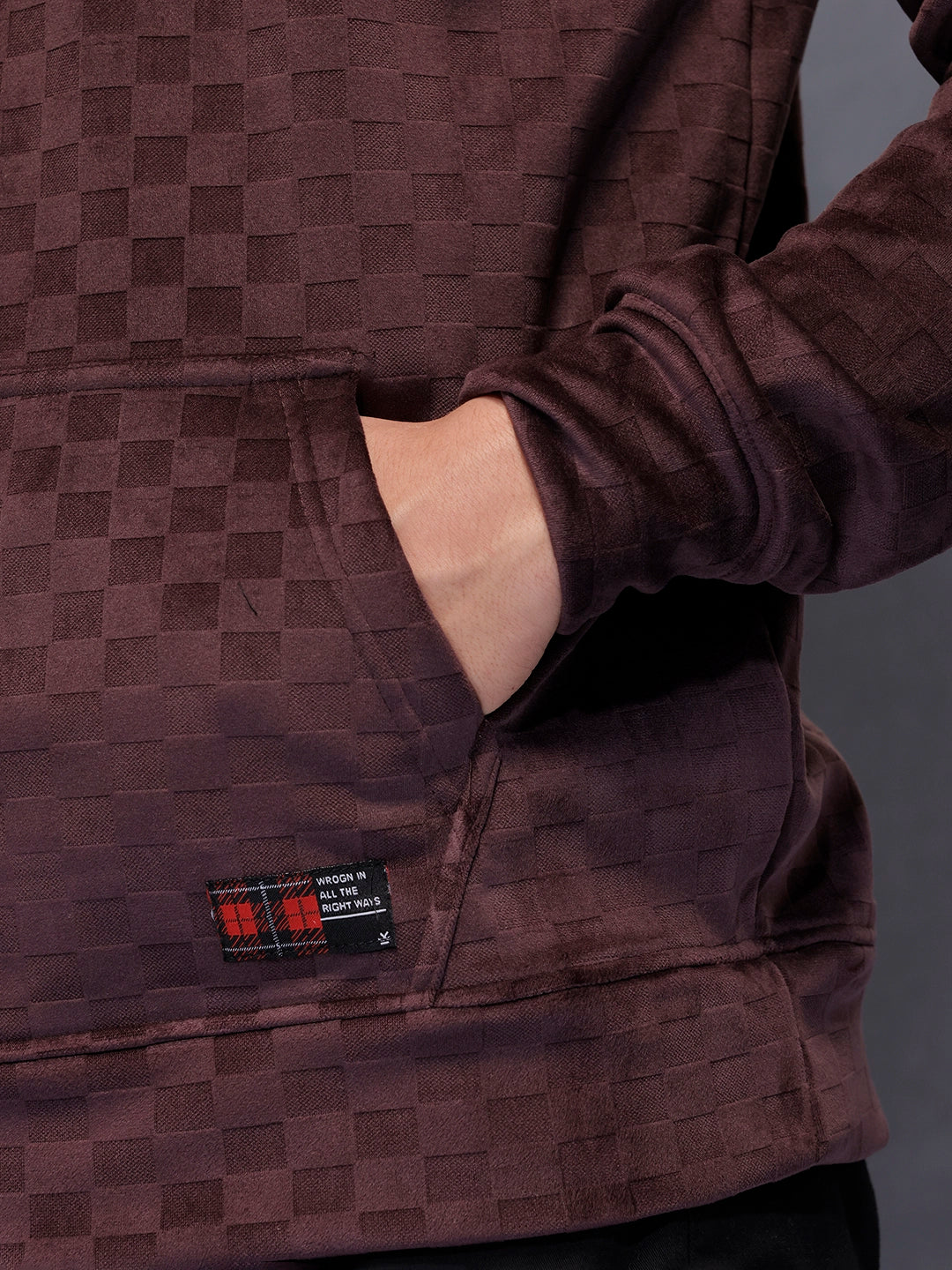 Velvet-finish Check-texture hoodie | Wine