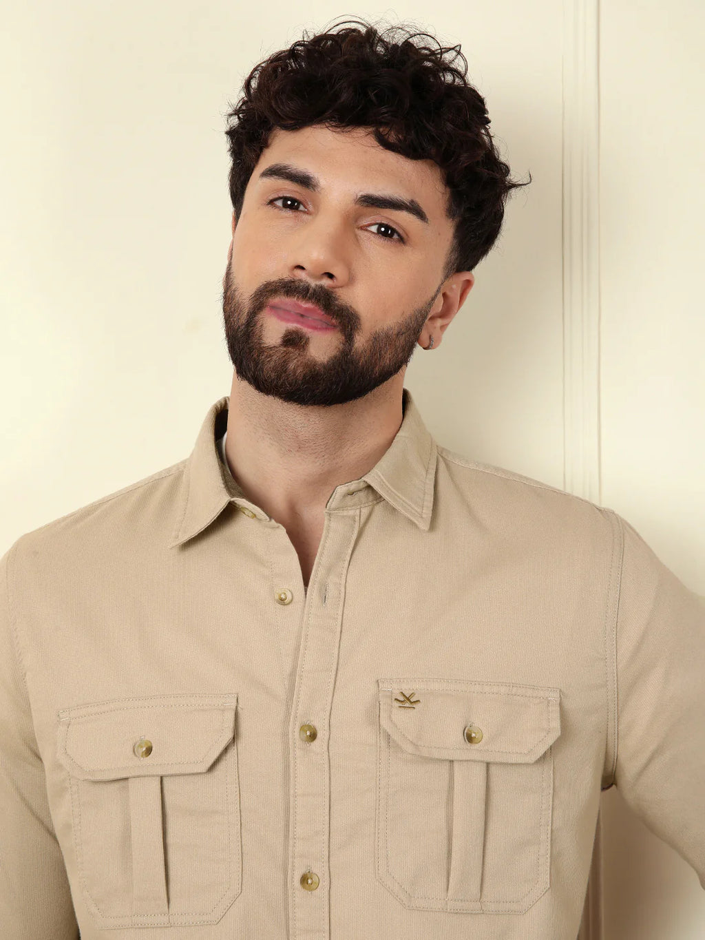 Fine Corduroy Slim Fit Shirt | Beige