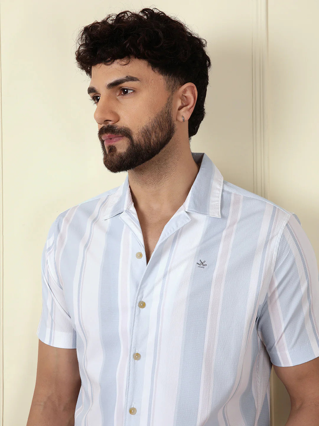 Printed Stripes Seersucker Shirt | Light Blue