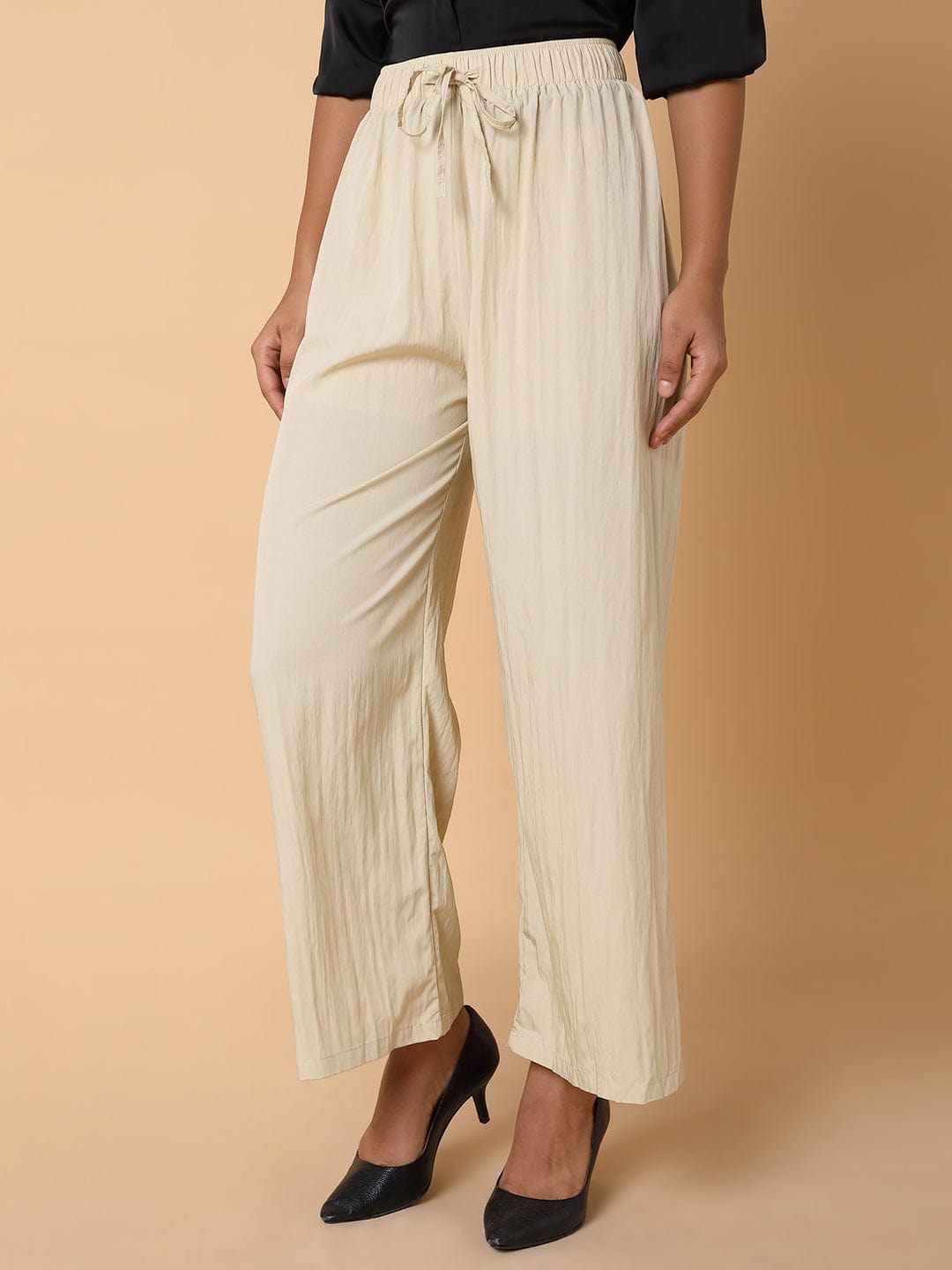 Women's Cream Striped Comfort Straight Fit Pleated Parallel Trousers