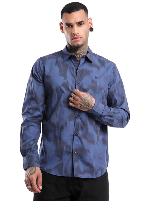Abstract Navy Satin Printed Shirt