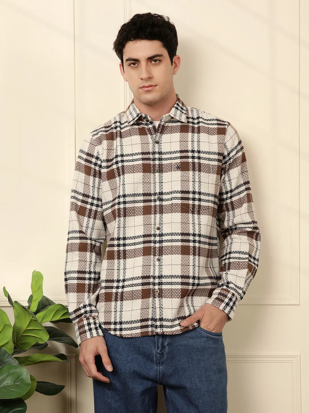 Checked Dobby Pattern Shirt | Brown