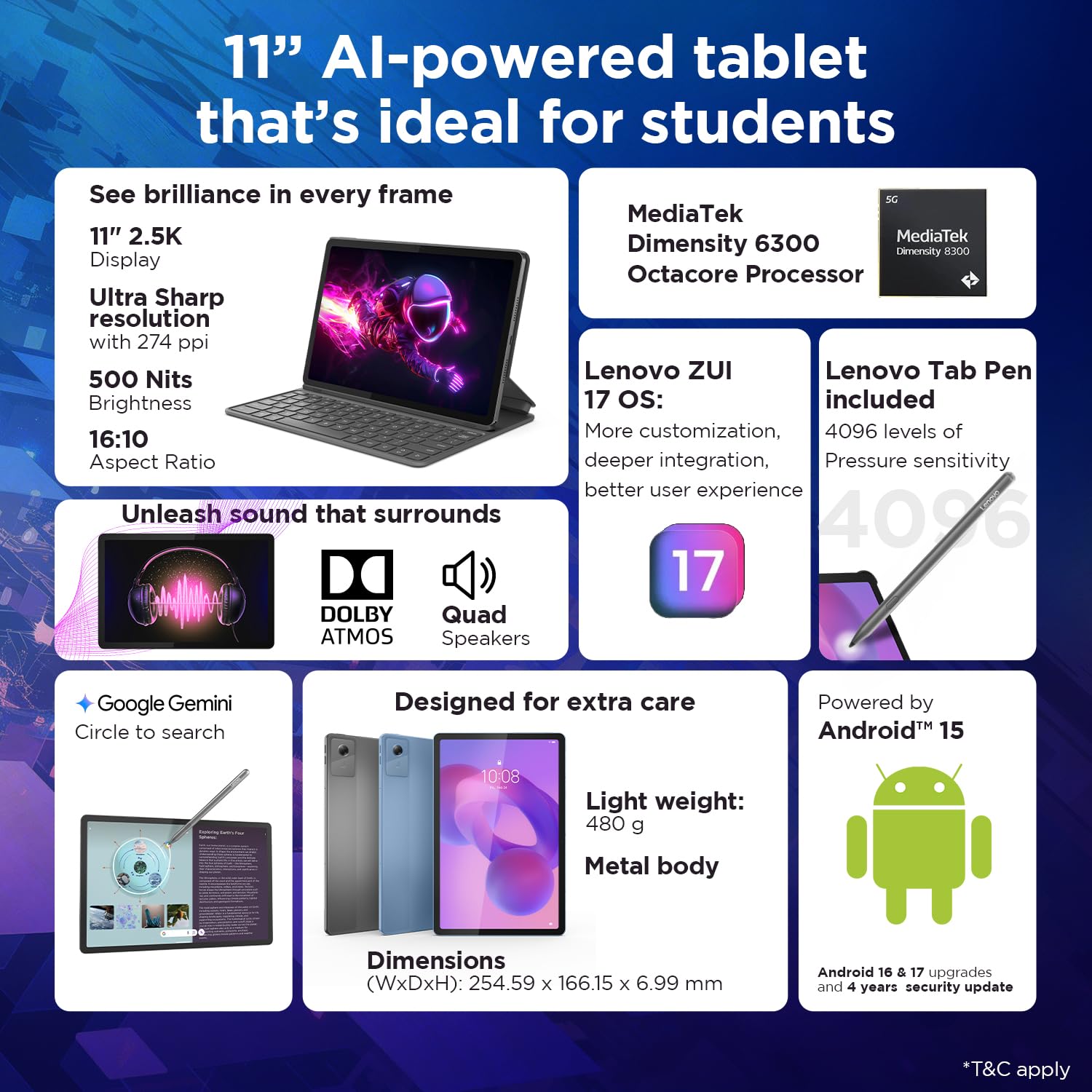 Lenovo Idea Tab Smartchoice |11" Display, 2.5K Resolution, 90Hz Refresh|8GB RAM, 256GB ROM| MediaTek Dimensity 6300| 7040mAh|4 Speakers| USB-C |Wi-Fi | Luna Grey