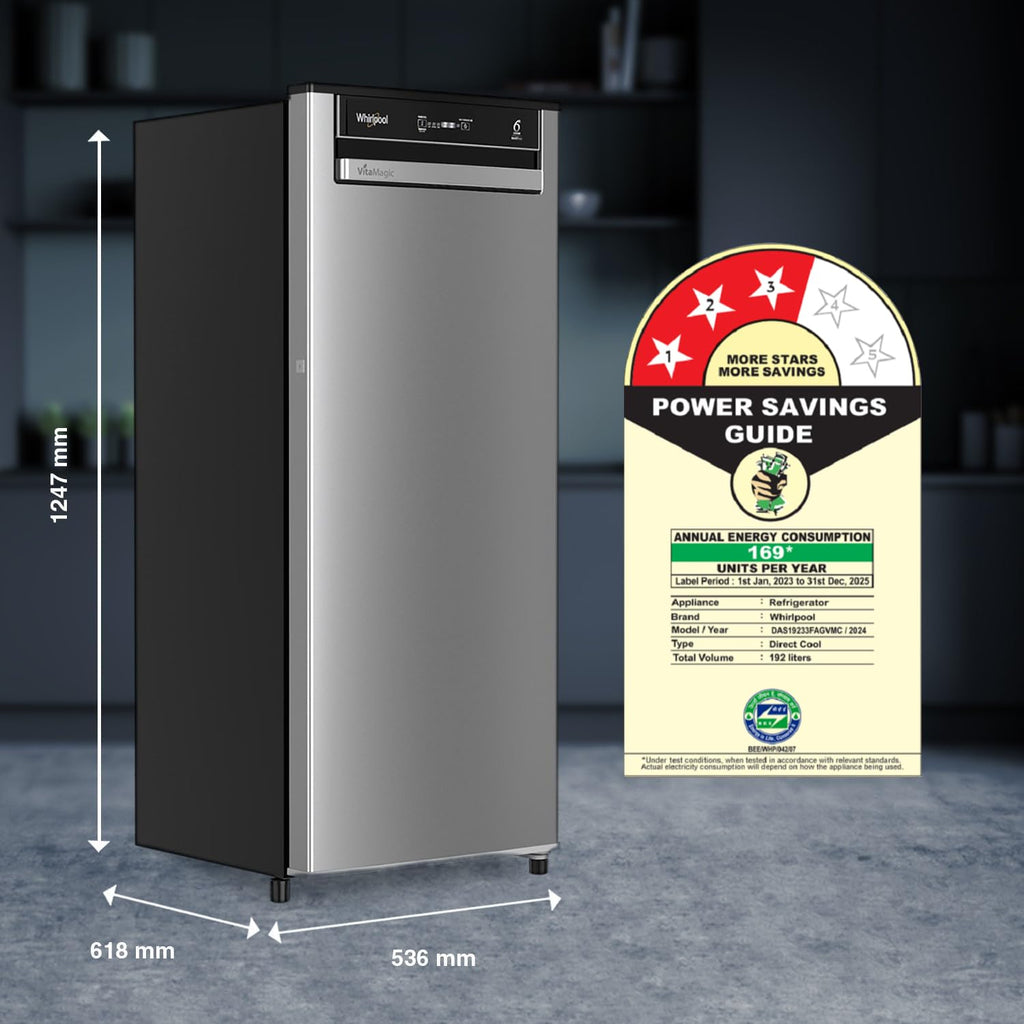 Whirlpool 192 L 3 Star Vitamagic PRO Frost Free Direct-Cool Single Door Refrigerator (215 VMPRO PRM 3S RADIANT STEEL-Z Fridge, Silver)