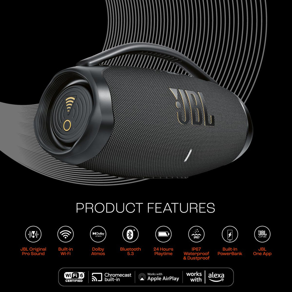 JBL Boombox 3 Wi-Fi, Wireless Portable Bluetooth Speaker, 24H Playtime, Deepest Bass, Built-in Powerbank, Wi-Fi with AirPlay, Alexa Multi-Room, Chromecast Built-in