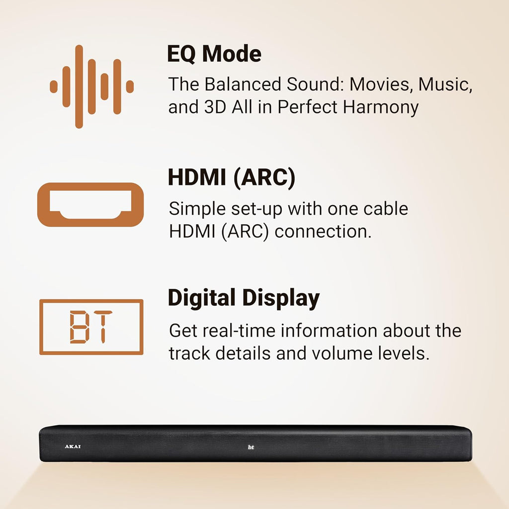 Akai SB120, 2.1 Channel Soundbar with 120 Watts Wired Subwoofer for Extra Deep Bass, Black