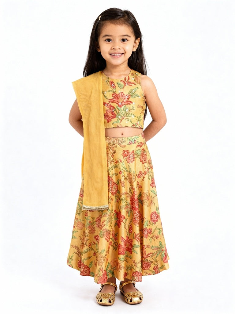Utsa Kids Yellow Floral Ghagra, Choli and Dupatta Set - (2-8yrs)