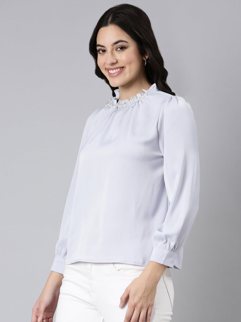 Women's Lavender High Neck Gathered Detailed Cuffed Sleeves Satin Top