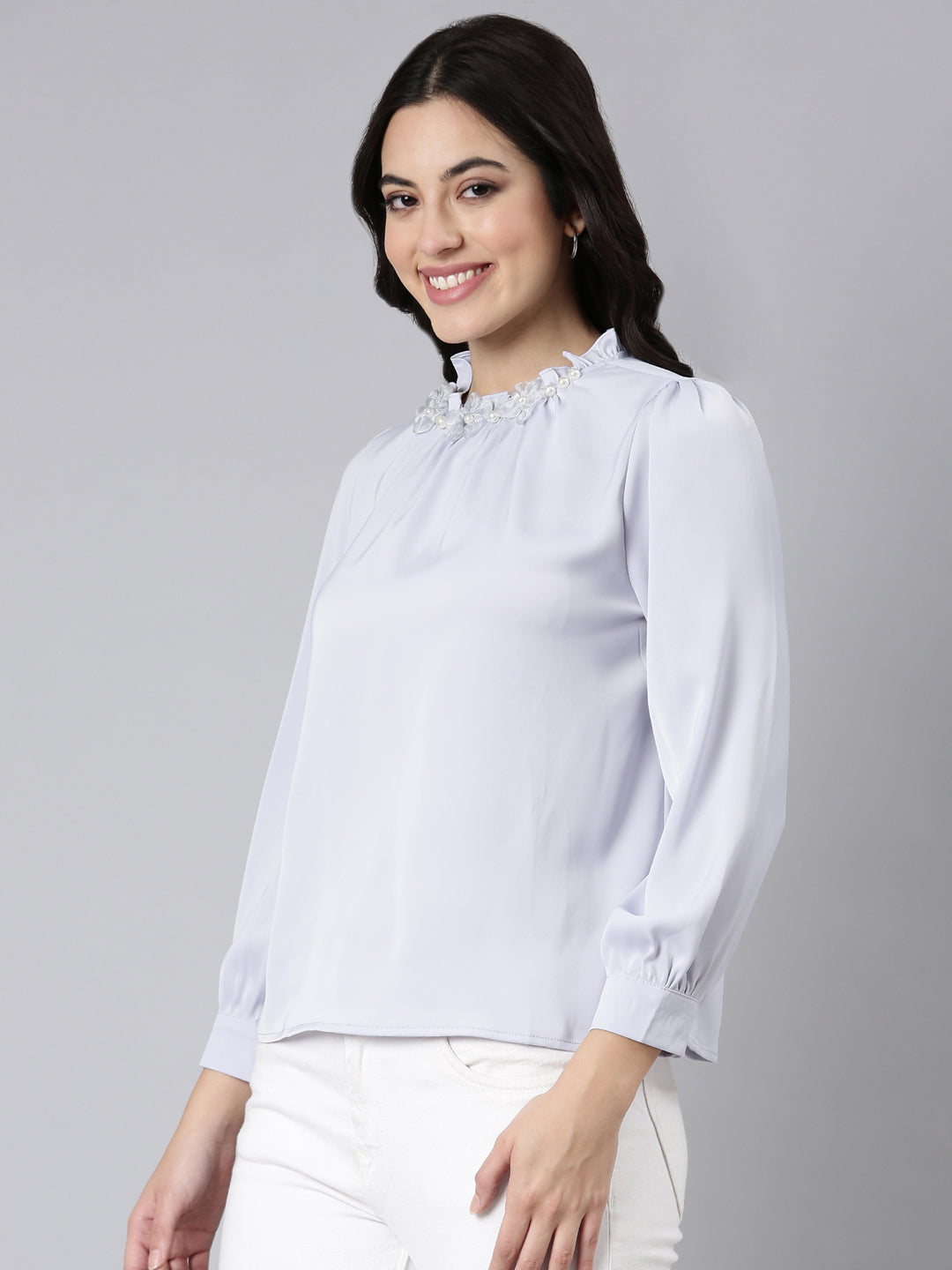 Women's Lavender High Neck Gathered Detailed Cuffed Sleeves Satin Top