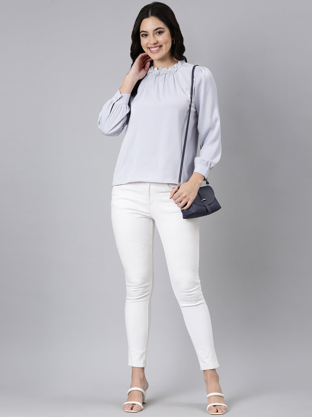 Women's Lavender High Neck Gathered Detailed Cuffed Sleeves Satin Top