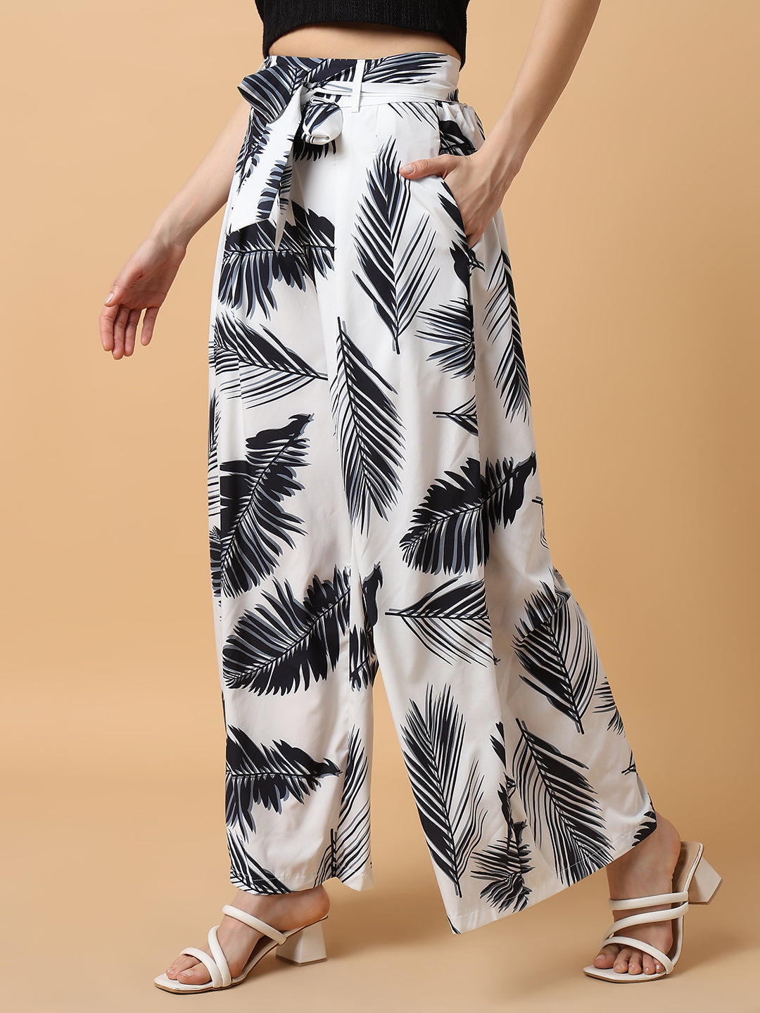 Women's Floral Black Trouser with Belt