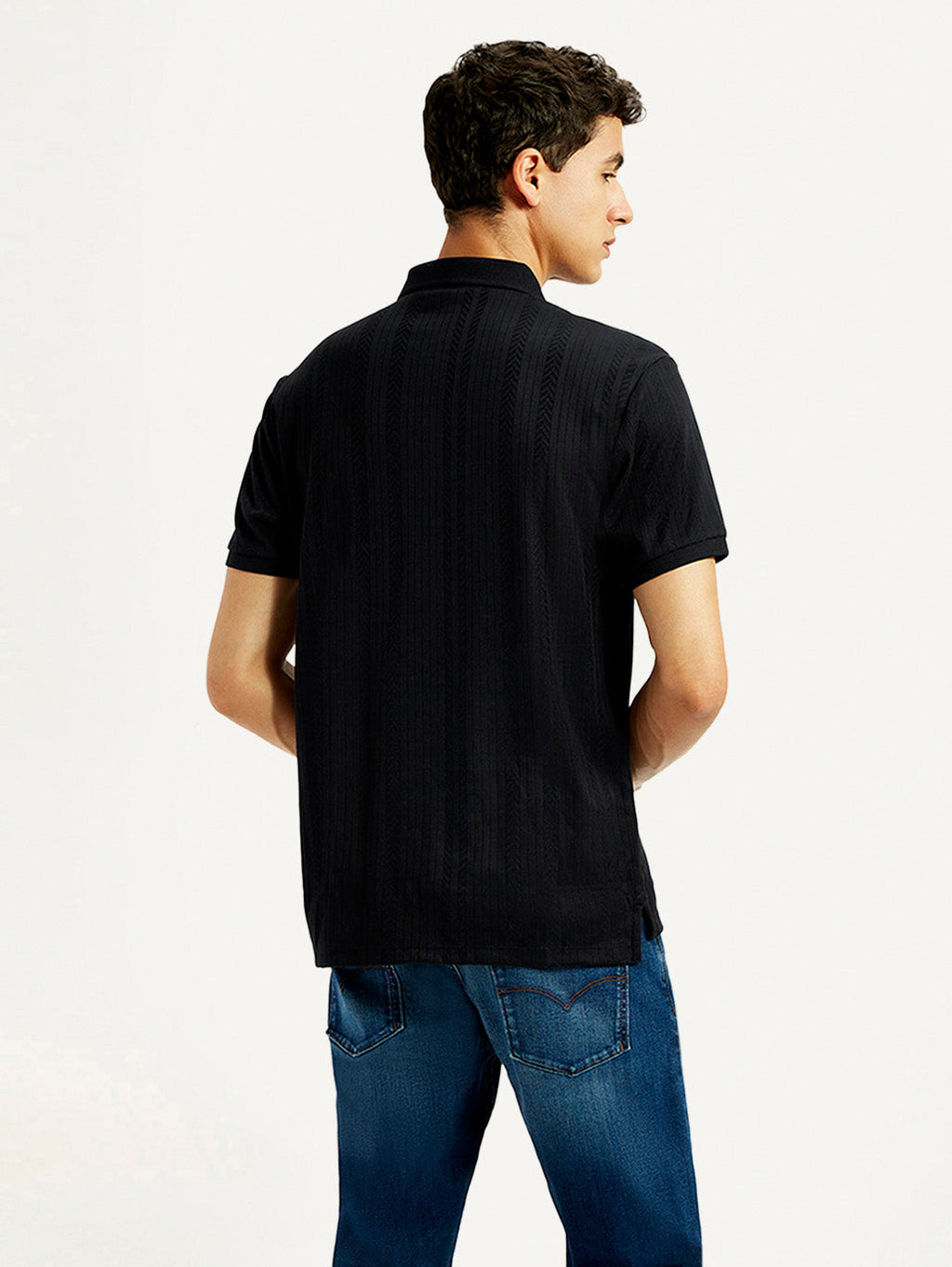 Men's Redloop Self Design Black Slim Fit Polo T-shirt