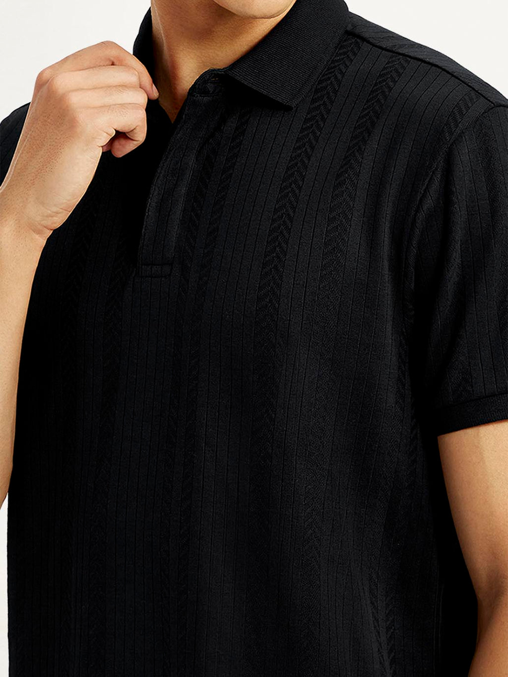 Men's Redloop Self Design Black Slim Fit Polo T-shirt
