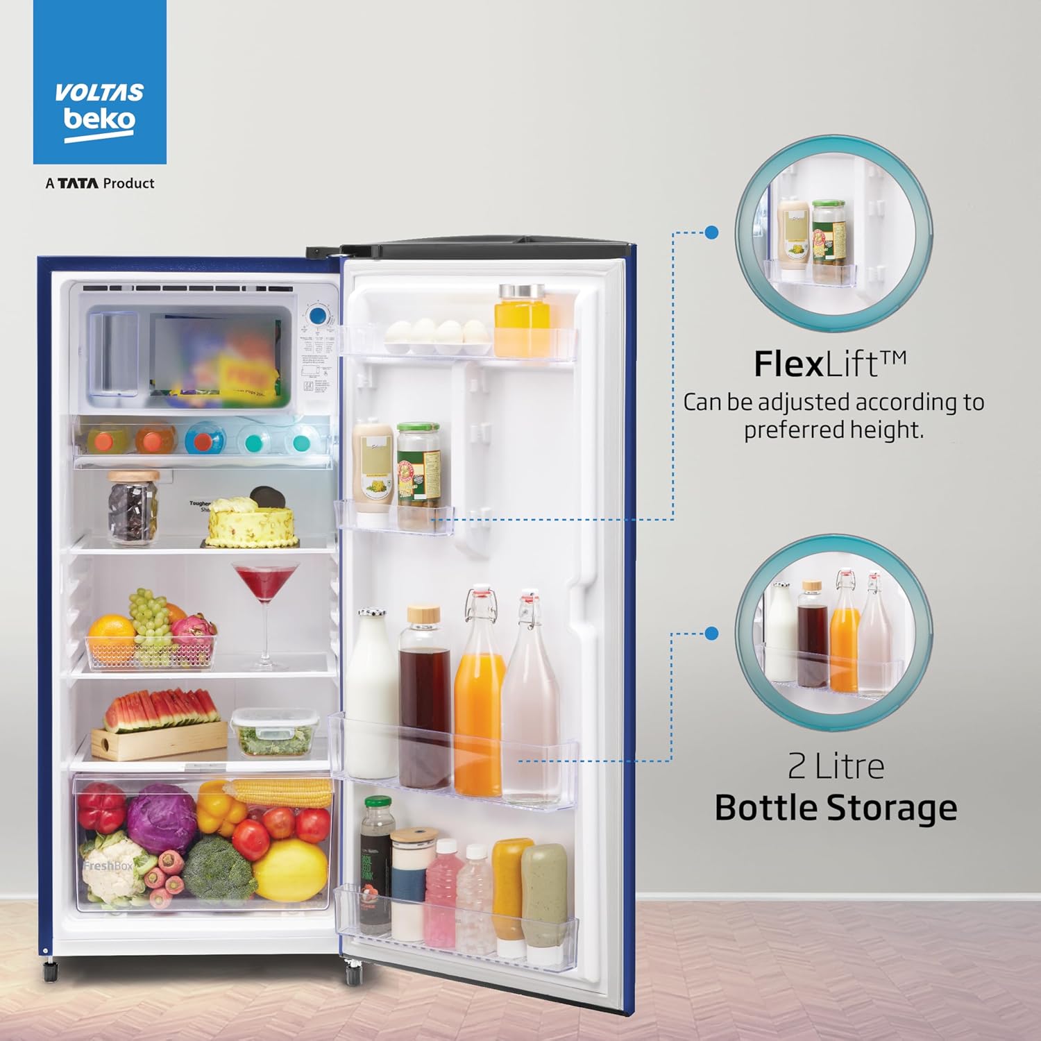Voltas Beko, A Tata Product 183 L 2 Star Direct Cool Single Door Refrigerator (RDC215D/S0WBR0M0000GO, Hairline Blue, With Fresh Box Technology