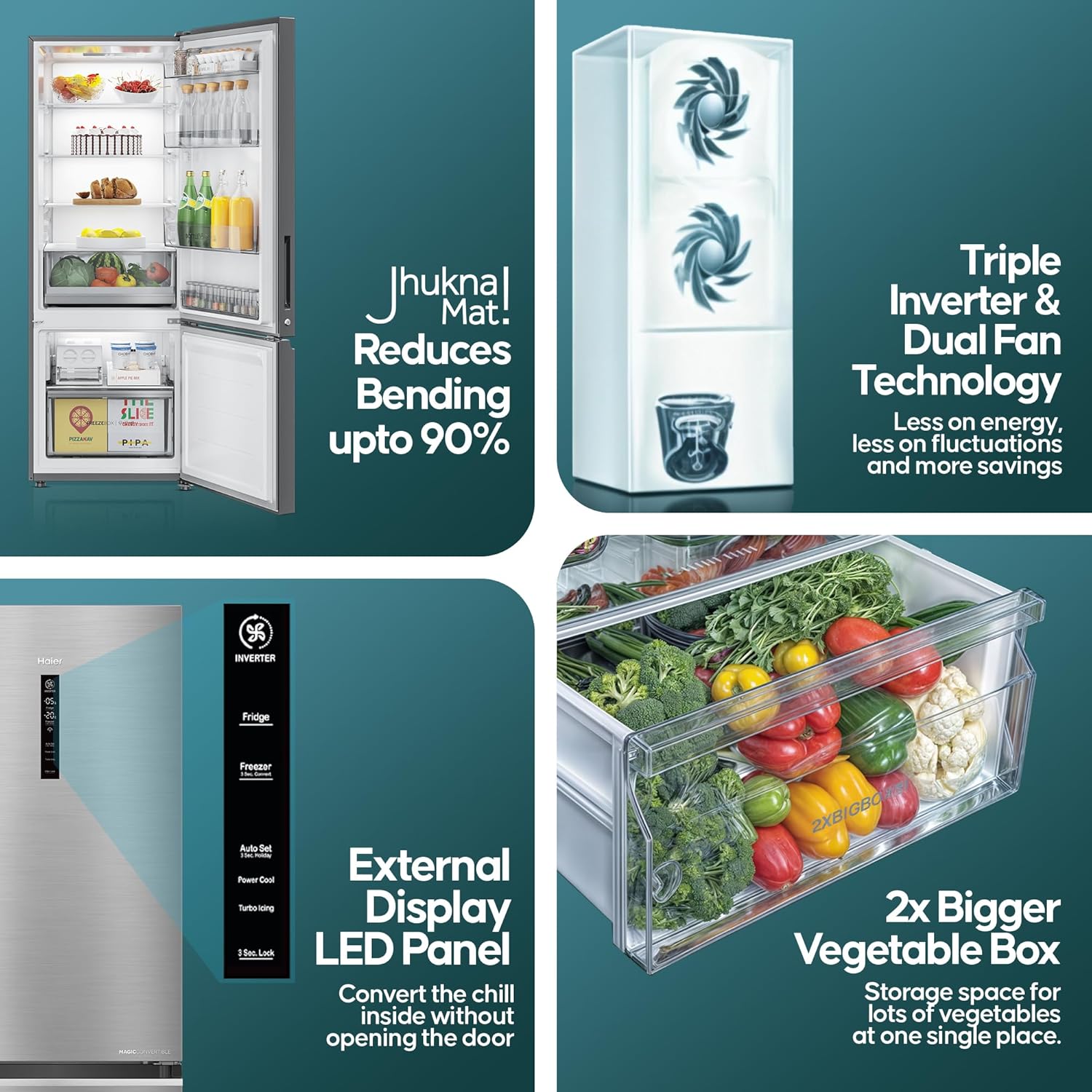 Haier 325 L 3 Star Frost Free Bottom Mount Double Door Refrigerator|Convertible 14-in-1|Jhukna Mat-Bottom Freezer (HEB-333DS-P, Dazzle Steel)