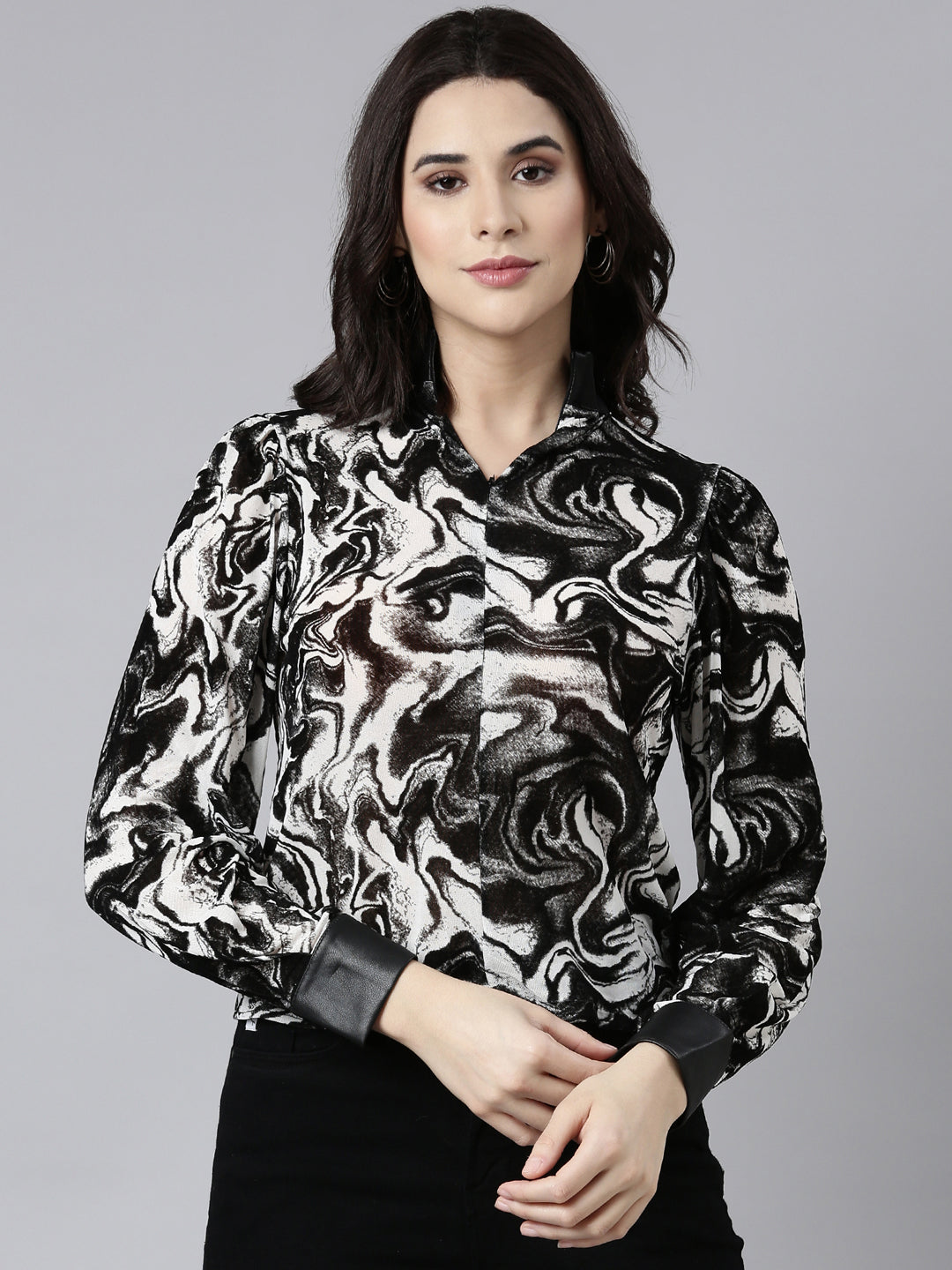 Women's Abstract Black Semi Sheer Top