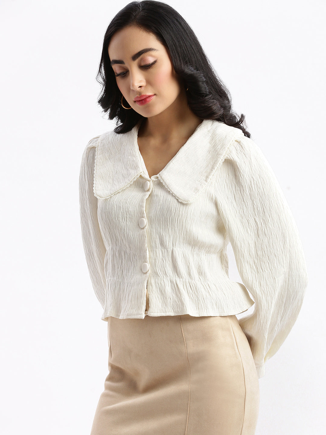 Women's Cream Horizontal Striped Knits Round Neck Acrylic Top