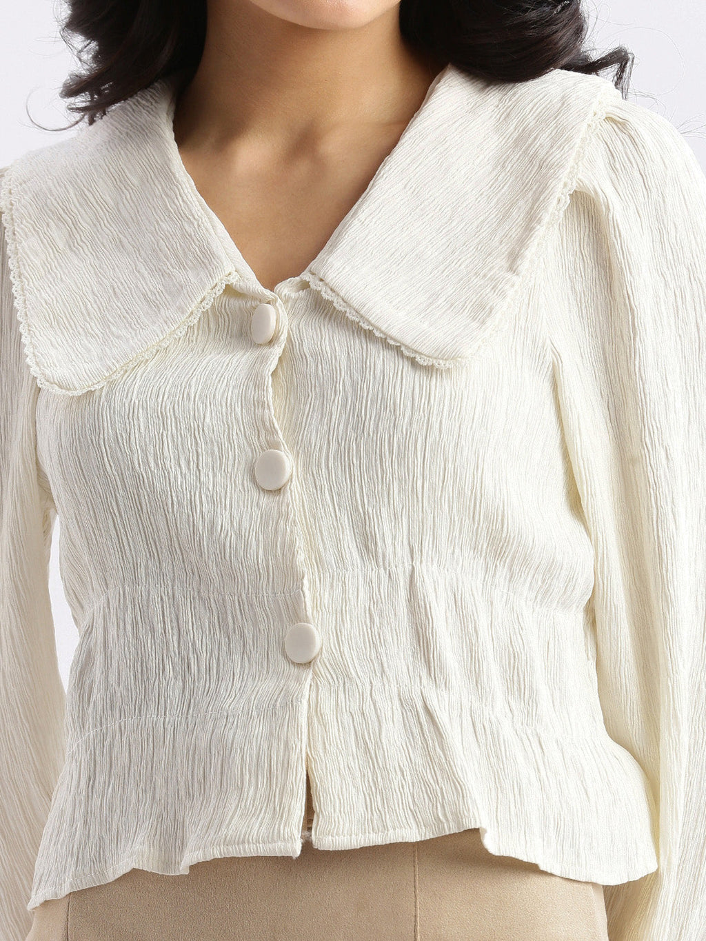 Women's Cream Horizontal Striped Knits Round Neck Acrylic Top