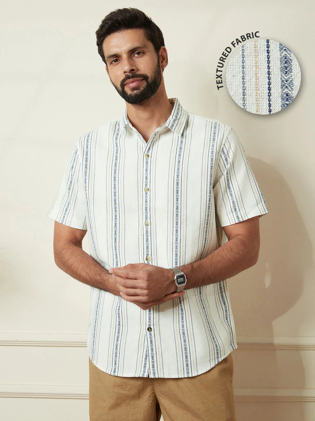 Textured Short Sleeve Striped Shirt  | Off White