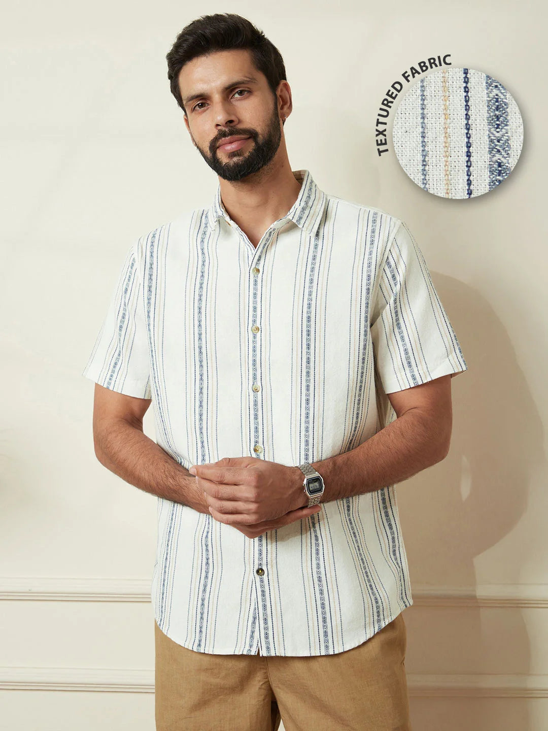 Textured Short Sleeve Striped Shirt  | Off White